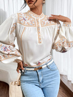 Elegant Floral Embroidery Lantern Sleeve Blouse