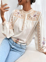 Elegant Floral Embroidery Lantern Sleeve Blouse