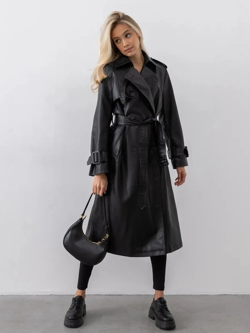 Black faux leather belted military style tench cost