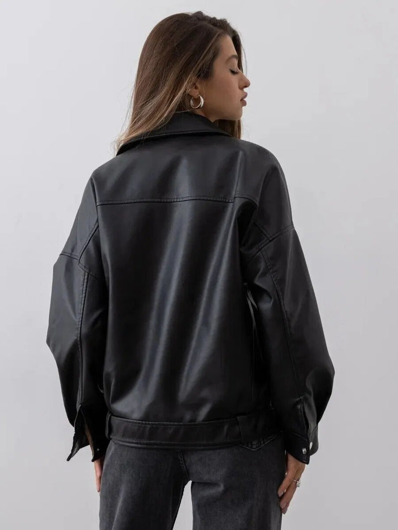 Faux Leather Belted Biker Jacket