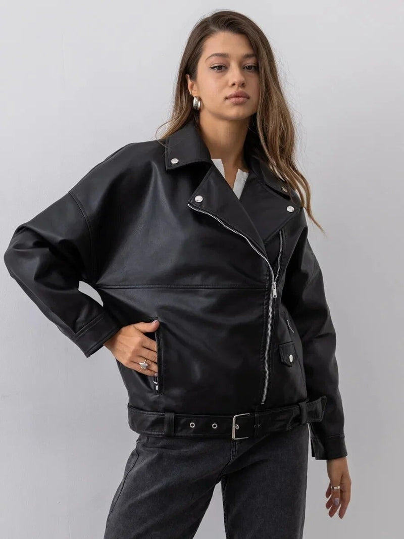 Faux Leather Belted Biker Jacket