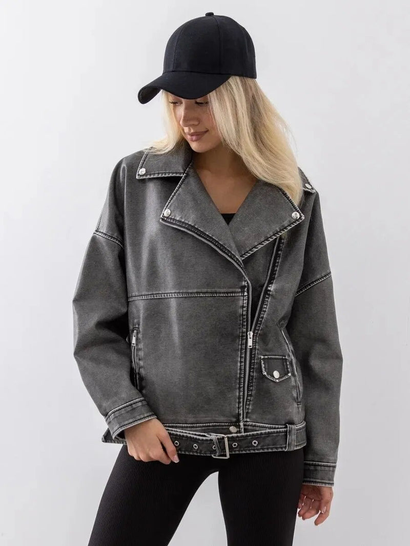 Faux Leather Belted Biker Jacket