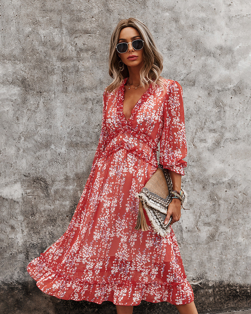 3/4 Sleeve Ruffle Floral Dress Sale