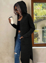 Ribbed knit long cardigan with hood