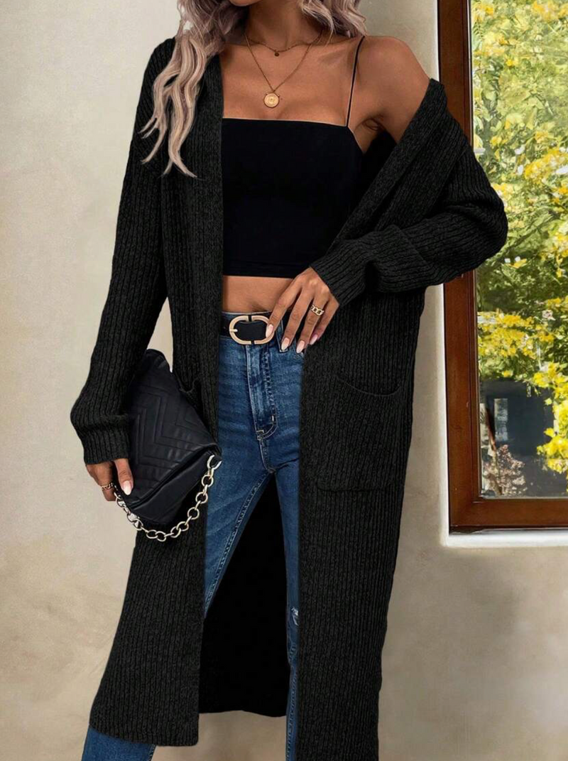 Ribbed knit long cardigan with hood