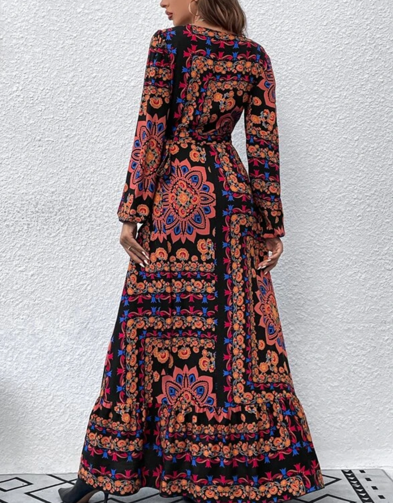 Bohemian Print Wrap Maxi Dress