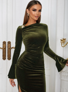 Flounce Sleeve Split Thigh Velvet Dress