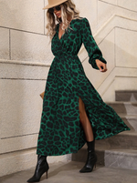 Leopard Print Flounce Sleeve Split Dress