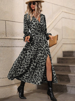 Leopard Print Flounce Sleeve Split Dress