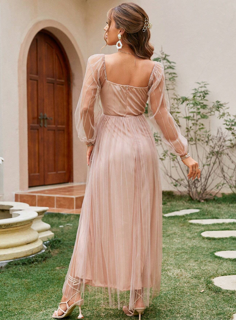 Lantern Sleeve Mesh Maxi Dress