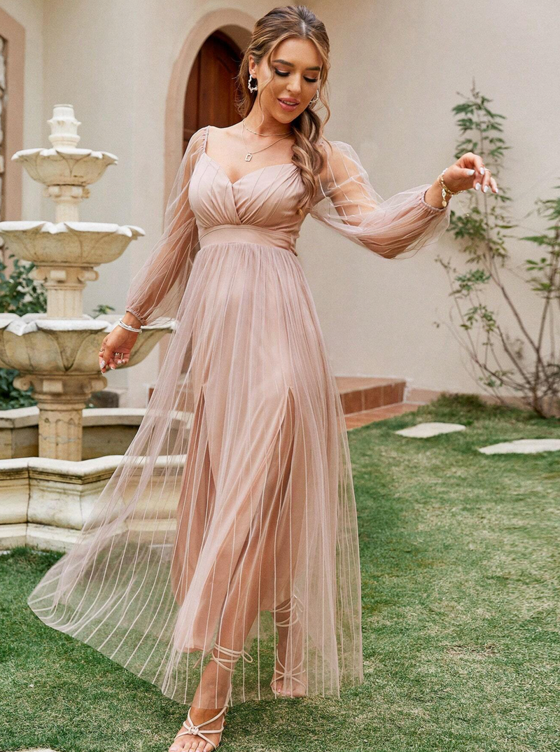 Lantern Sleeve Mesh Maxi Dress