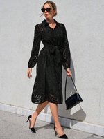 Jacquard Lantern Sleeve Belted Dress