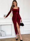 Square Neck Wrap Hem Velvet Dress