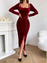 Square Neck Wrap Hem Velvet Dress