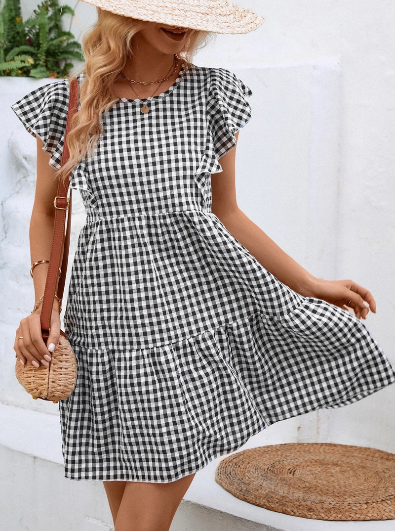 Short Sleeve Checked Mini Dress