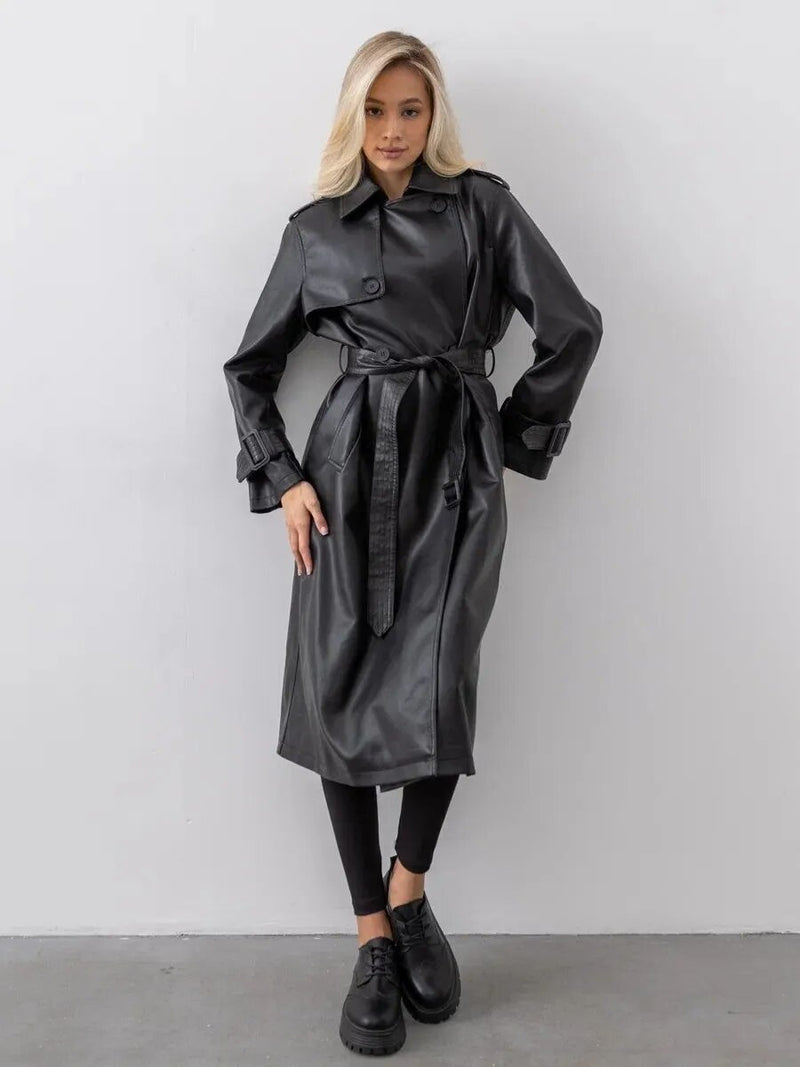 Black faux leather belted military style tench cost