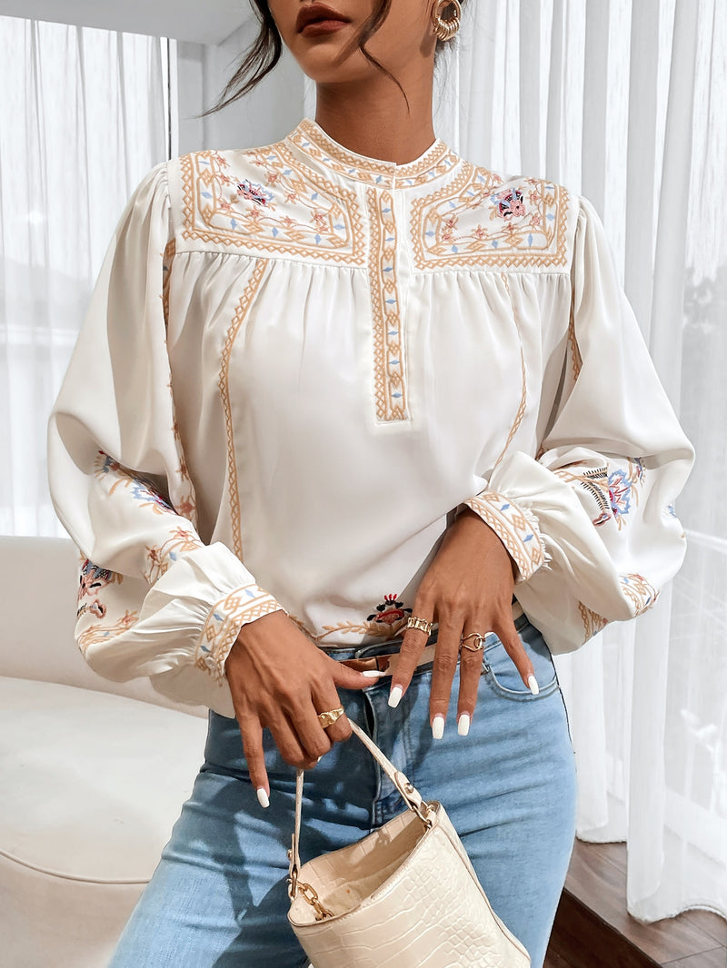 Elegant Floral Embroidery Lantern Sleeve Blouse