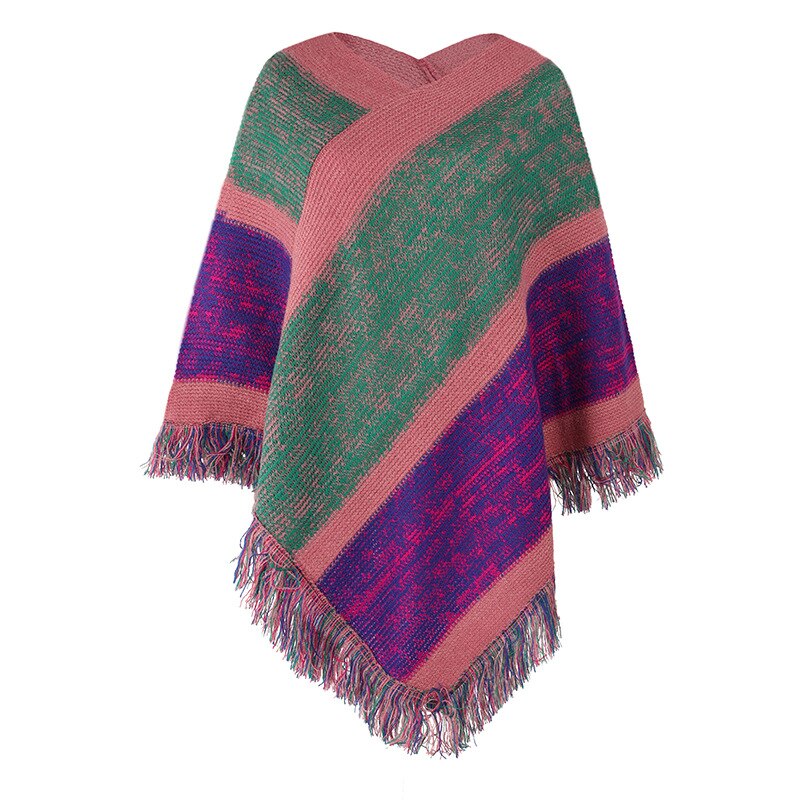 Multi coloured wide stripe fringed poncho