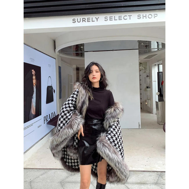 Luxury Silver Fox Faux Fur Houndstooth Cape