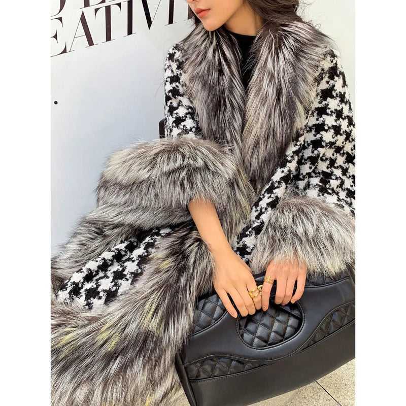 Luxury Silver Fox Faux Fur Houndstooth Cape