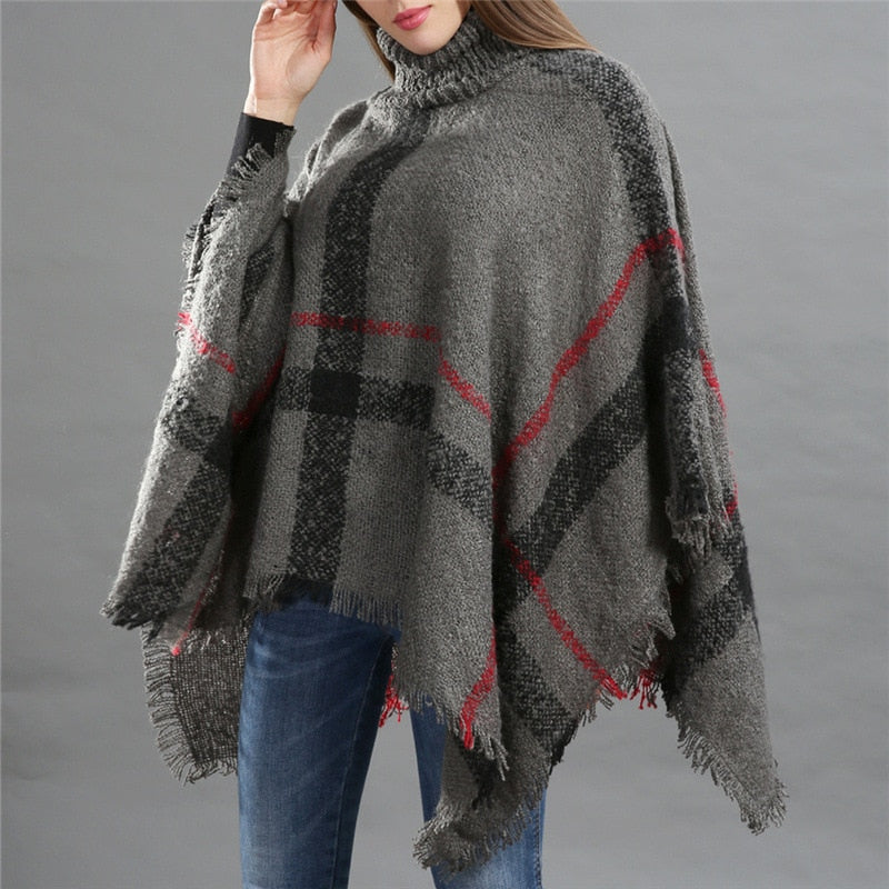 Checked fringe edge poncho