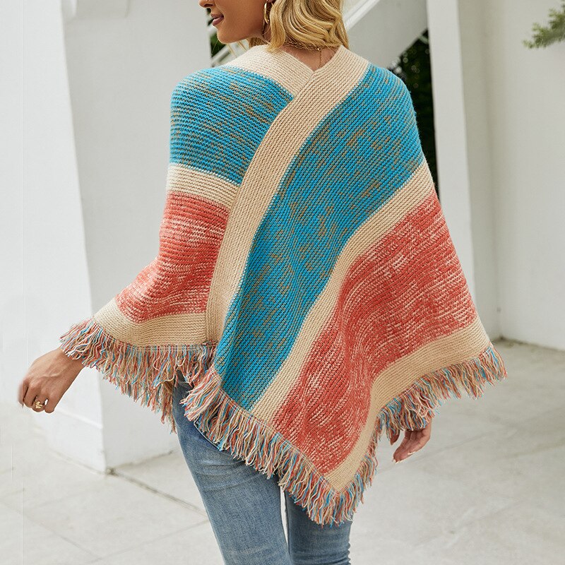 Multi coloured wide stripe fringed poncho