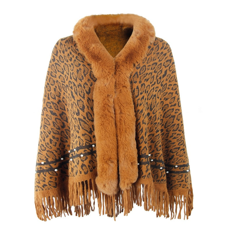 Faux fur trim animal print cape