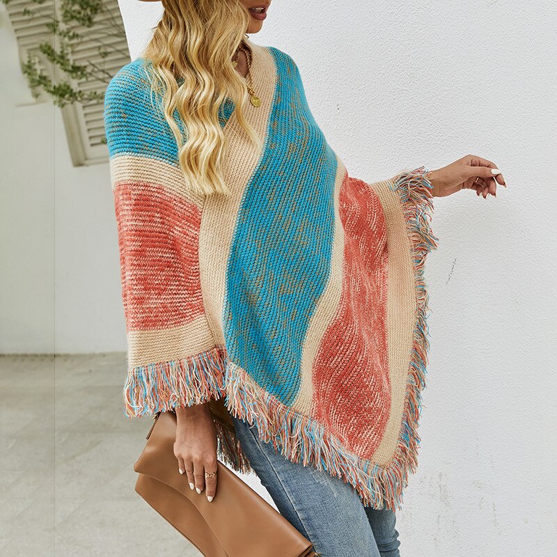 Multi coloured wide stripe fringed poncho