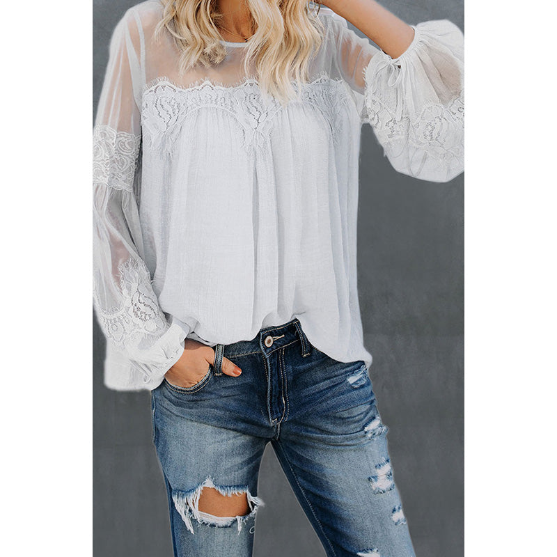 Sheer Lace Detail Long Sleeve Blouse