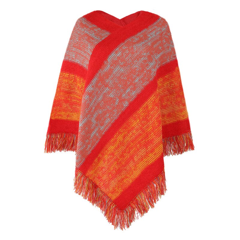 Multi coloured wide stripe fringed poncho