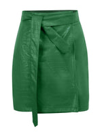 Faux Leather Crocodile Pattern Belted Skirt