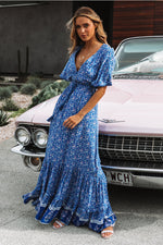 Floral V Neck Short Sleeve Maxi Dress Sale