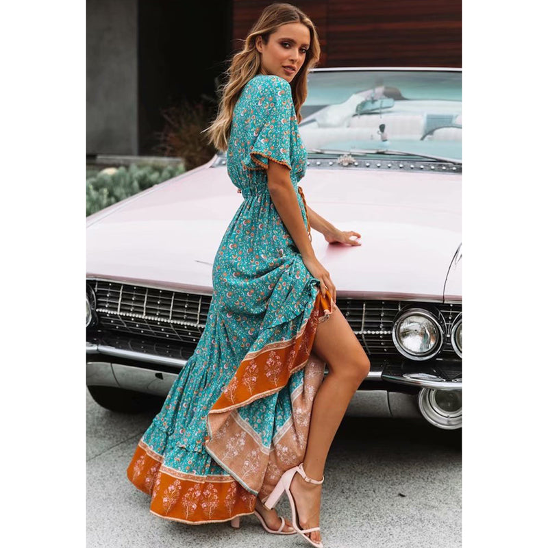 Floral V Neck Short Sleeve Maxi Dress