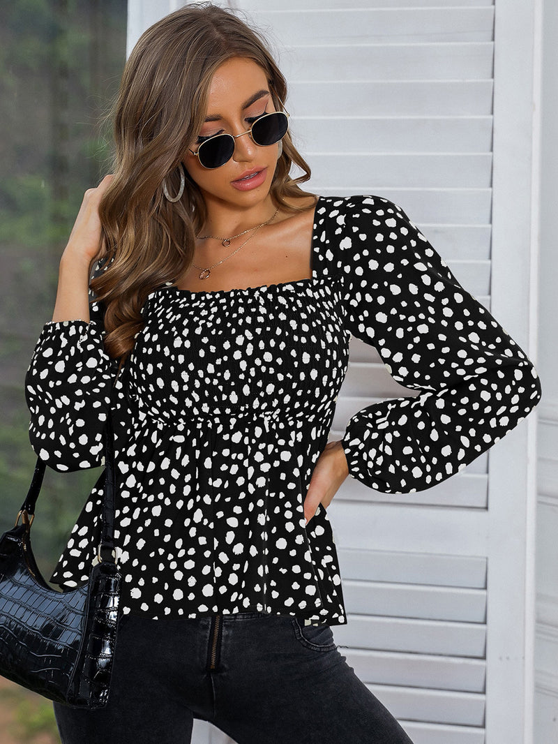 Dotted Long Sleeve Square Neck Top