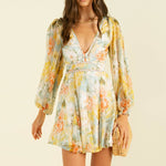 Floral V Neck Pearl Detail Print Dress