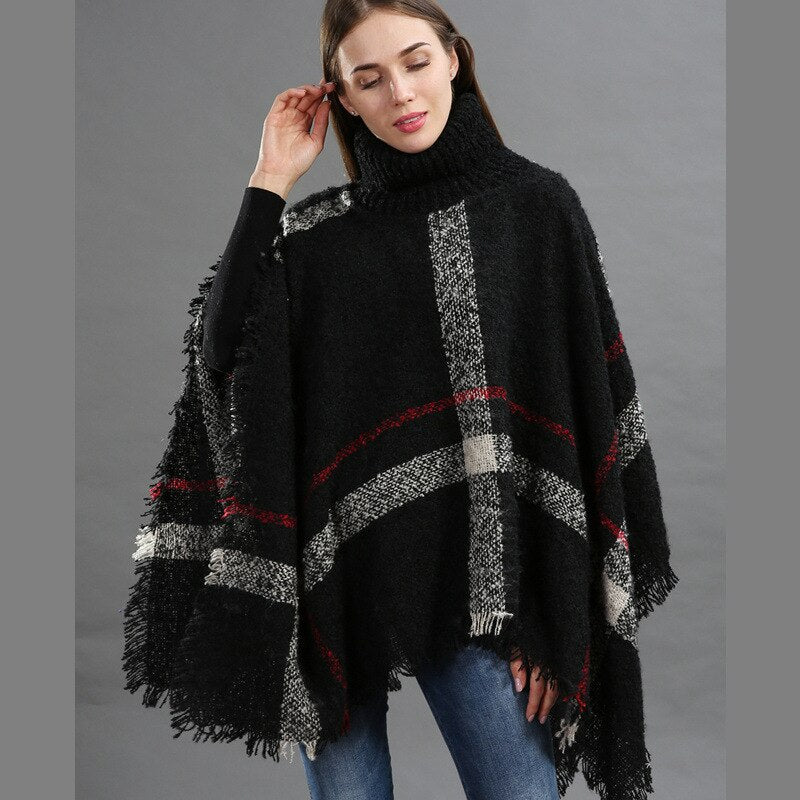 Checked fringe edge poncho