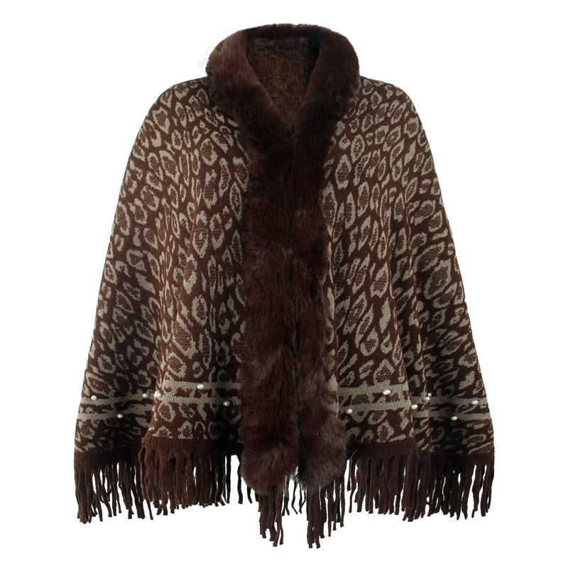 Faux fur trim animal print cape