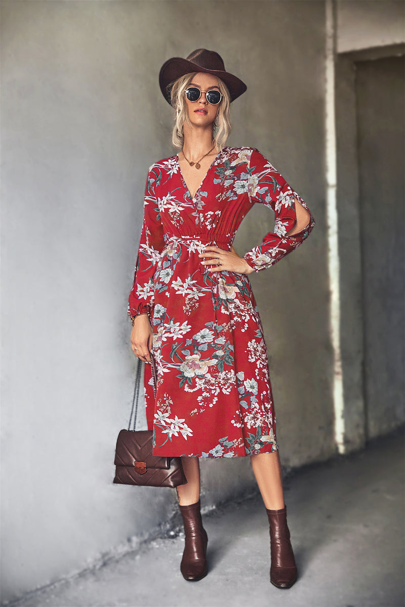 High Waist Floral Split Sleeve Floral Midi Dress