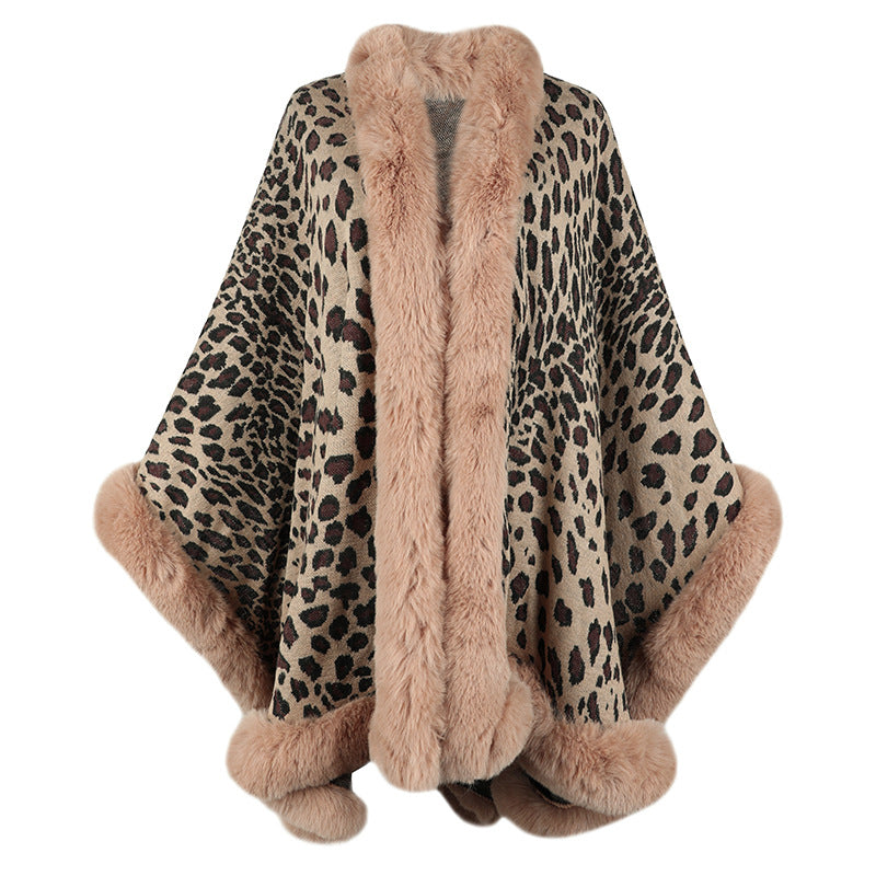 Faux Fur Trim Leopard Print Cape