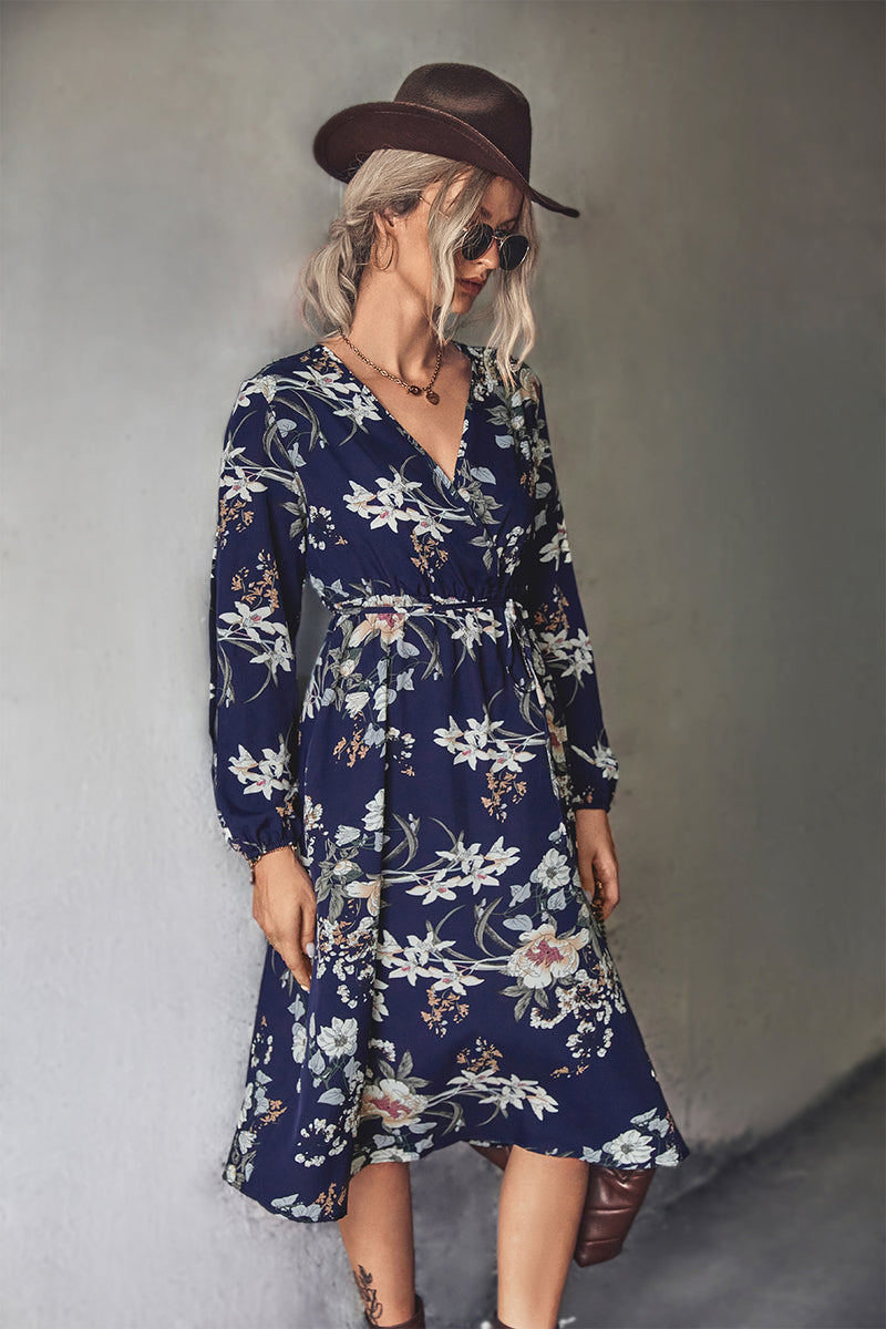 High Waist Floral Split Sleeve Floral Midi Dress