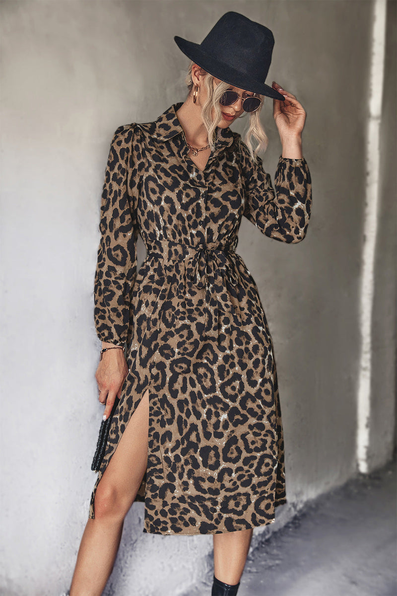 Leopard Print Long Sleeve Split Dress Sale