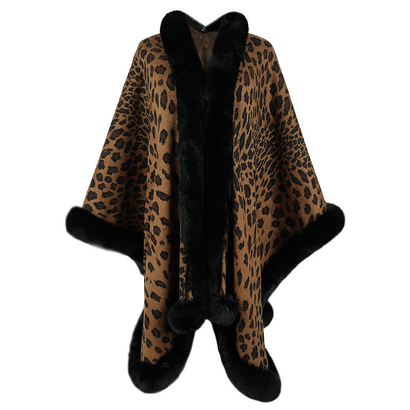 Faux Fur Trim Leopard Print Cape