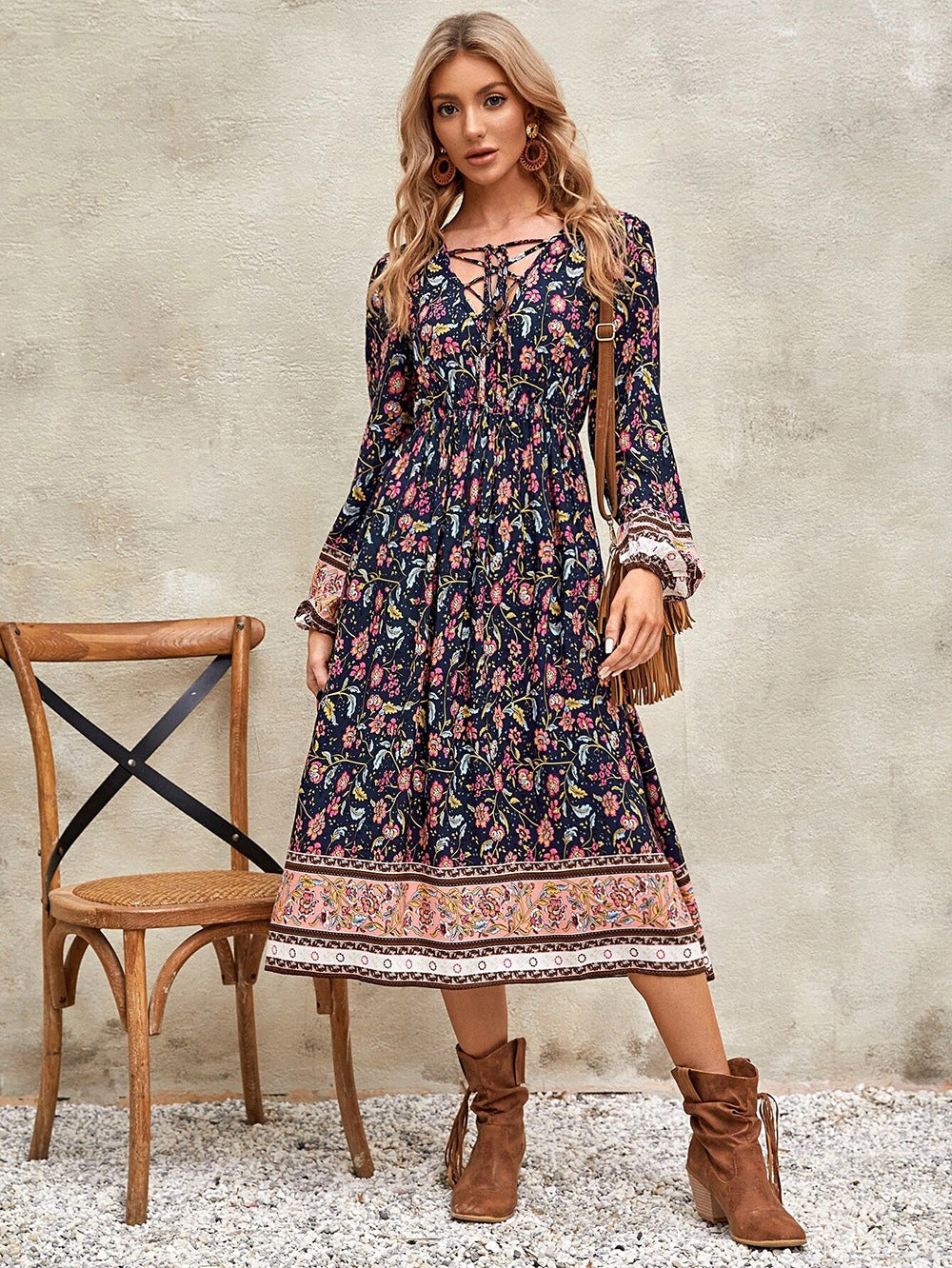 Tie Up Front Floral Midi Dress