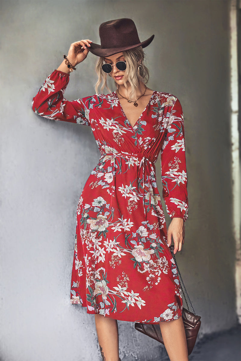 High Waist Floral Split Sleeve Floral Midi Dress