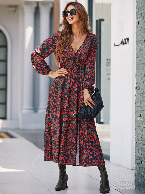 Long Sleeve Button Midi Dress with Elasticated Waist