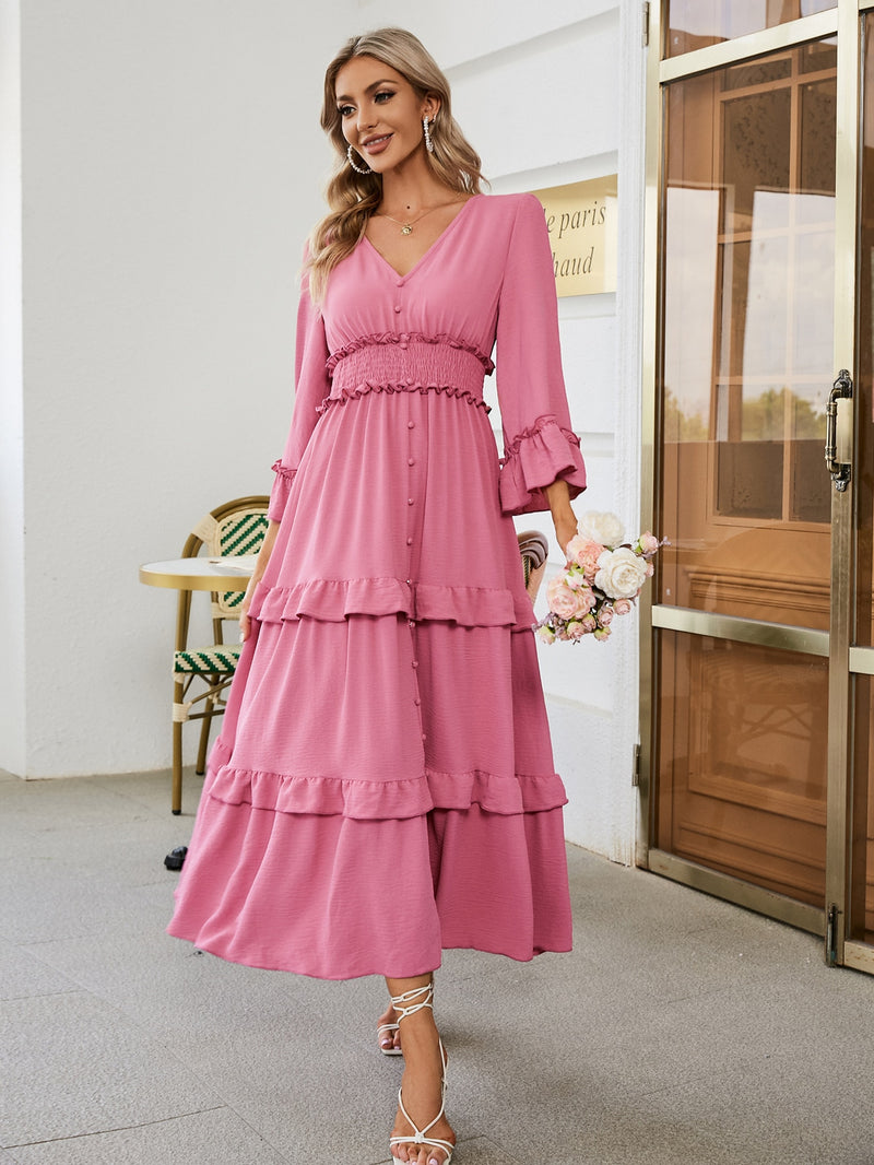 Flute Tired Sleeve Smocked Waist Button Down Midi Dress