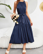 Tiered Belted Halterneck Maxi Dress