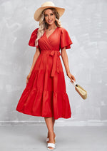 Flute Sleeve Wrap Midi Dress