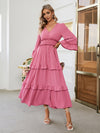 Flute Tired Sleeve Smocked Waist Button Down Midi Dress