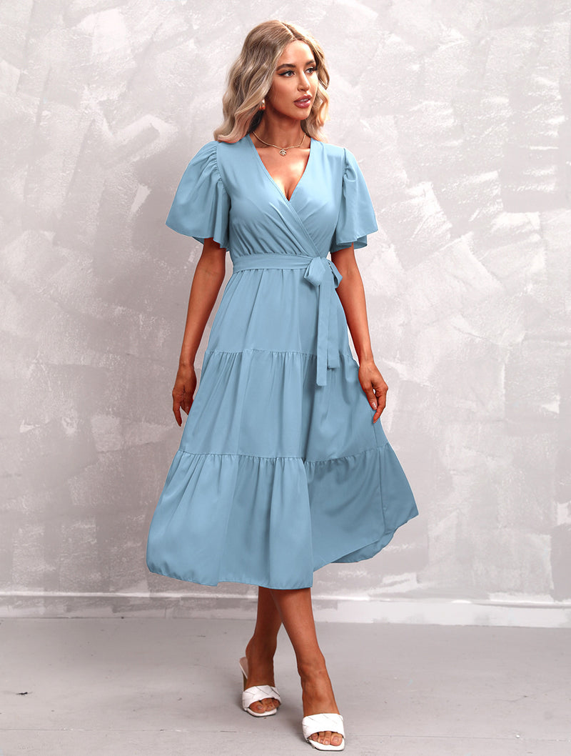 Flute Sleeve Wrap Midi Dress